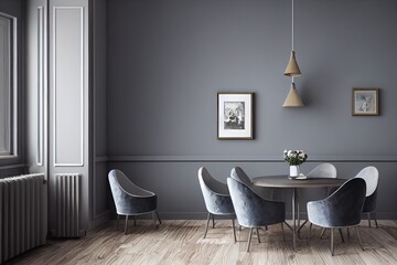 Interior design for dining room with velvet blue chairs, wooden table and vintage carpet on light gray background, Scandinavian style, 3D render, 3D illustration