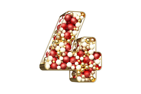 Christmas baubles font of gold, red and white balls floating in a golden structure. Beautiful number 4 with three-dimensional effect. 3D rendering with transparent background.
