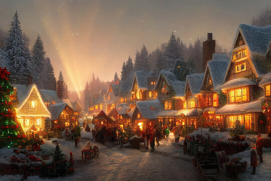 AI generated image of a small European village decked up for Christmas 