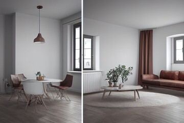 Fototapeta premium Wall mock up in Scandi boho home interior with retro brown leather furniture, 3d render