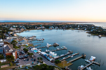 Aerial View of Silver Lake and and the Town of Ocracoke in North Carolina at Sunset