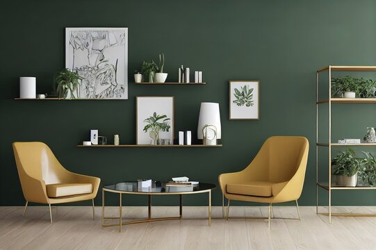 Interior design of luxury living room with stylish armchair, gold liquor cabinet, a lot of plants and elegant personal accessories. Green wall panelling with shelf. Modern home decor. Template.