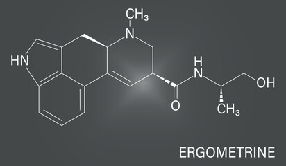 Ergometrine drug molecule. Used to prevent bleeding after childbirth (postpartum haemorrhage). Skeletal formula.