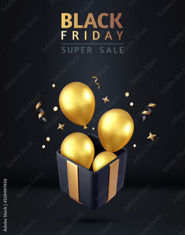 Poster 3d open black gift box with gold balloons,