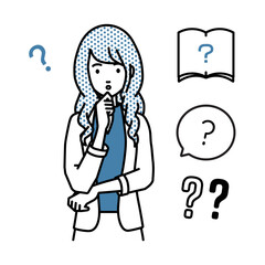 立って手をあごにあてて疑問を感じているジャケットの女性 クエスチョンマークのセット