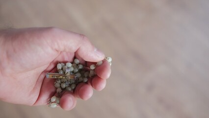 Hand of Christian Catholic Caucasian Male Praying with Holy Rosary