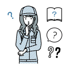 立って手をあごにあてて疑問を感じている作業員の女性 クエスチョンマークのセット