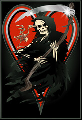 Vintage poker hearts card Grim Reaper , vector illustration	