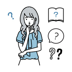 立って手をあごにあてて疑問を感じているオフィスカジュアルの女性 クエスチョンマークのセット