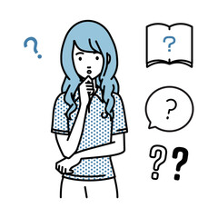 立って手をあごにあてて疑問を感じているポロシャツの女性 クエスチョンマークのセット