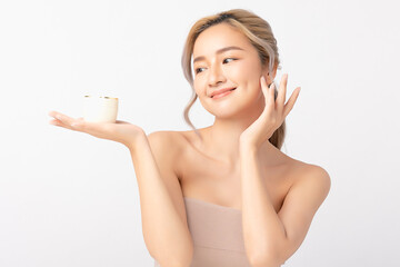 Happy beautiful young asian woman holding cosmetic cream blank bottle, Fashion model, Health...