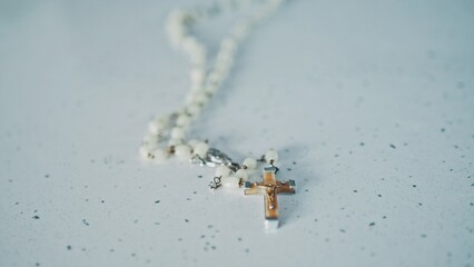 Prayer Holy Rosary With White Pearl Beads and Cross with Jesus Christ Figure