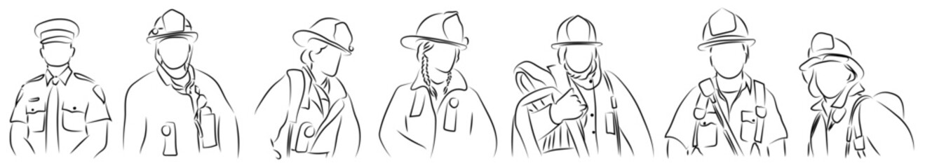 7 Feuerwehr Männer Frauen Retter Zeichnung Lineart Vektor Grafik | firefighter men women rescuers drawing lineart vector graphic