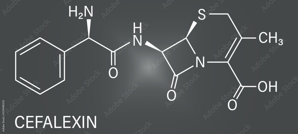 Sticker cefalexin antibiotic drug molecule (cephalosporin, first generation). skeletal formula.