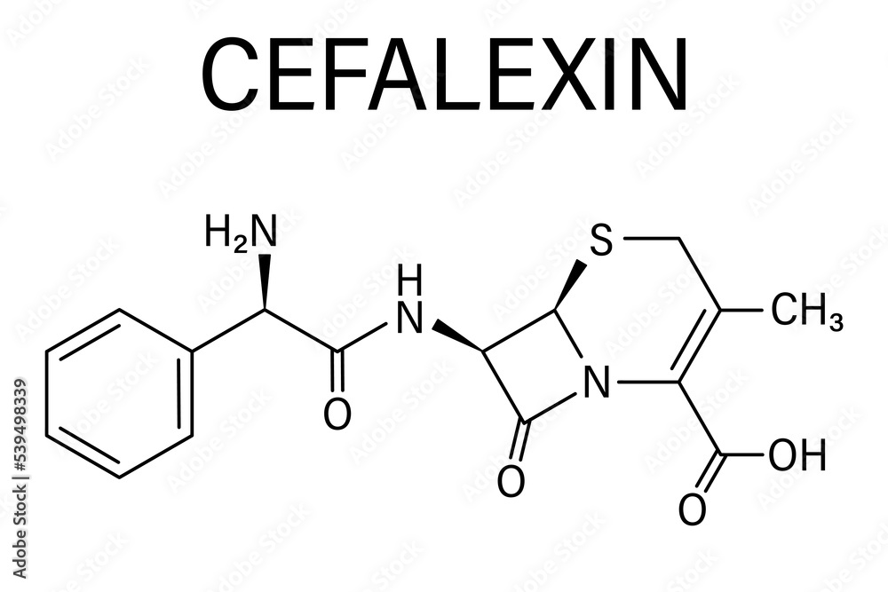 Sticker Cefalexin antibiotic drug molecule (cephalosporin, first generation). Skeletal formula.