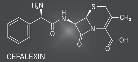 Obraz premium Cefalexin antibiotic drug molecule (cephalosporin, first generation). Skeletal formula.