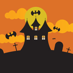 Halloween day orang background with house and bats .