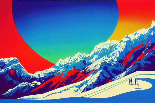 colorful vintage winter sport contest poster, ski people standing on a hill, different colors