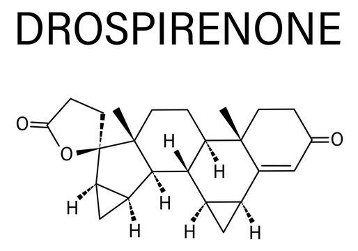 Drospirenone contraceptive drug molecule. Progestin used in birth control pills. Skeletal formula.