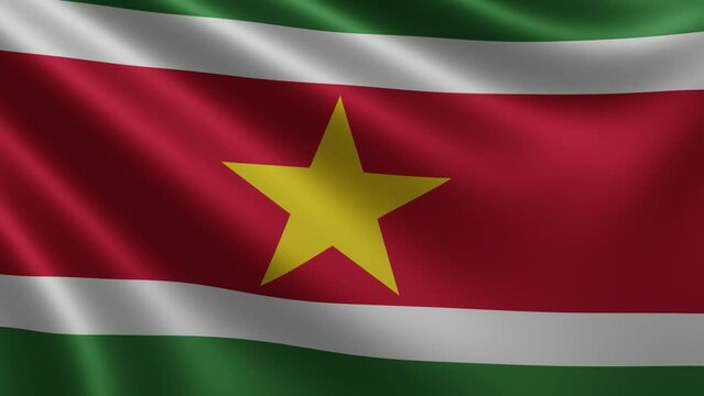 The flag of Suriname flutters in the wind close-up, the national flag of Suriname flutters in 3d, in 4k resolution. High quality 4k footage
