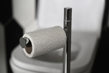 Rouleau de papier toilette sur son support en gros plan