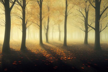 Autumn forest covered in morning mist. 3D render. Raster illustration.