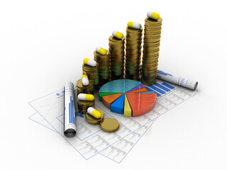 3d rendering Stock market online business concept. gold coin business Graph with pill