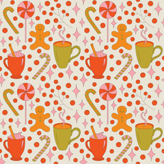 Seamless pattern with retro 70s style Christmas elements with drinks and a cookie. Merry Christmas holiday. Winter simple minimalist background with peace symbol. 1970 good vibes. 