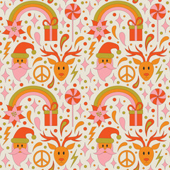 Seamless pattern with retro 70s style Christmas elements with poinsettia flower and a rainbow. Merry Christmas holiday. Winter simple minimalist background with peace symbol. 1970 good vibes. 