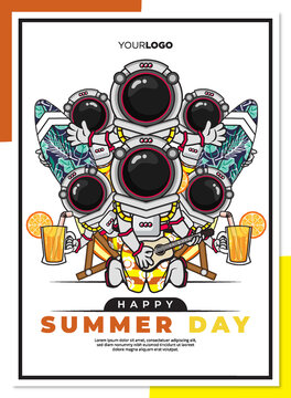 Poster flyer of astronaut on the beach with happy summer greetings