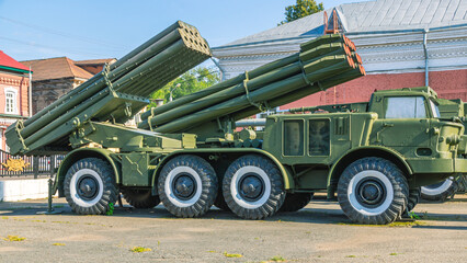 Soviet and Russian multiple rocket launchers. Field jet system. A combat vehicle on the chassis of a truck. The cabin of the combat vehicle of the multiple launch rocket system. 