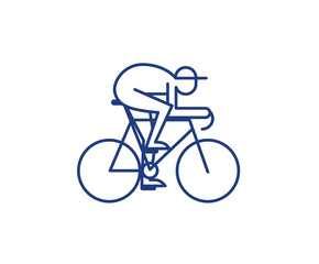 Fototapeta premium Man riding on his bicycle, bike. Cyclist, sports cycling. Icon, symbol blue geometric lines vector illustration isolated on white background.