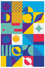 Geometric background consisting of circles, squares, triangles, brightly colored arranged vertically. Abstract editable geometry background