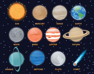 Solar System planets set. Colorful stickers with sun, moon, comet, Earth, Mars, Mercury, Venus, Neptune, Jupiter, Saturn, Uranus and Pluto. Cartoon flat vector collection isolated on dark background © Elshan