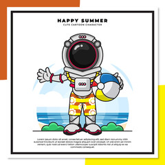 Cute cartoon character of astronaut on the beach with happy summer greetings