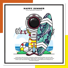Cute cartoon character of astronaut is holding surfing board on the beach with happy summer greetings