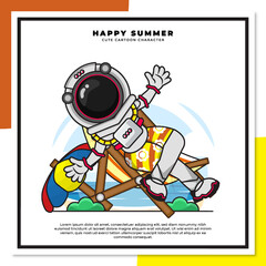 Cute cartoon character of astronaut on the beach with happy summer greetings