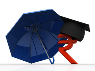 3D illustration graduate cap on Rupee currency sign protection umbrella
