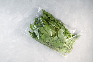 Fresh green sorrel leaves in plastic bag. Healthy ingredient for salads or soups. Low carb diet