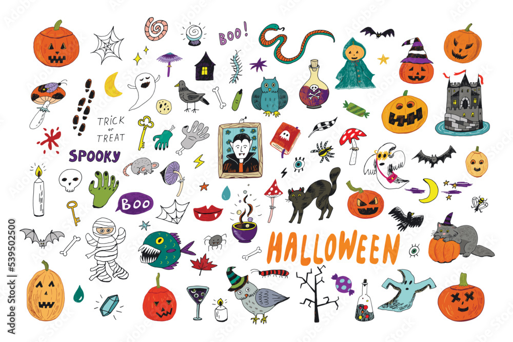 Wall mural Halloween doodles vector illustrations set.