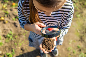 Children examine the soil with a magnifying glass. Selective focus.