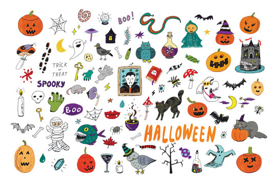 Halloween doodles vector illustrations set.