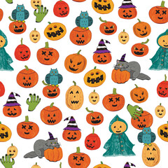Halloween pumpkin doodles seamless vector pattern.