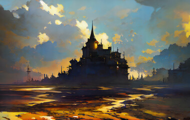 Naklejka premium colorful lanscape and town