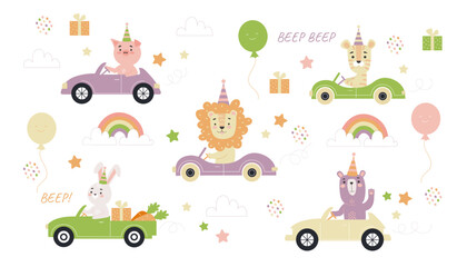 Set of animals in car. Cute characters at birthday parade. Design elements for greeting card, poster and sticker. Gift boxes and balloons. Cartoon flat vector collection isolated on white background