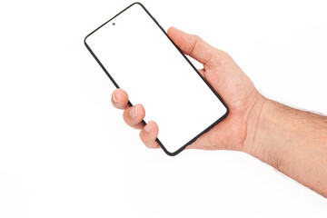  Hand holding mobile phone and blank screen for template advertising and branding technology background. 
 Realistic trendy smartphone mockup with thin frames and blank white screen isolated. 