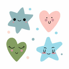 Cute hearts and stars with kawaii eyes. For decoration of childrens rooms and holidays. Vector modern style
