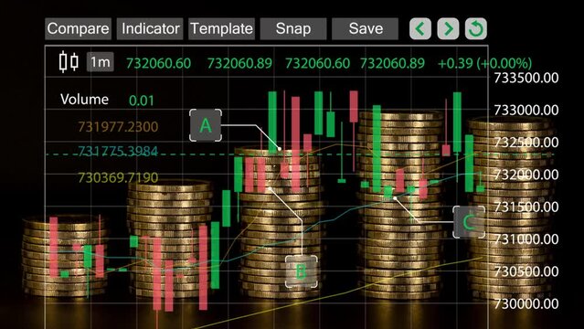 Stock Market Chart with stop motion piles of gold money coins decreasing fading disappear on black background, financial trading concept, Seamless Looping- 4K Ultra HD.