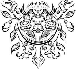 Floral tattoo sketch. Black floral ornament. Victorian style. Abstract design element