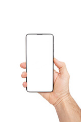  Hand holding mobile phone and blank screen for template advertising and branding technology background. 
 Realistic trendy smartphone mockup with thin frames and blank white screen isolated. 